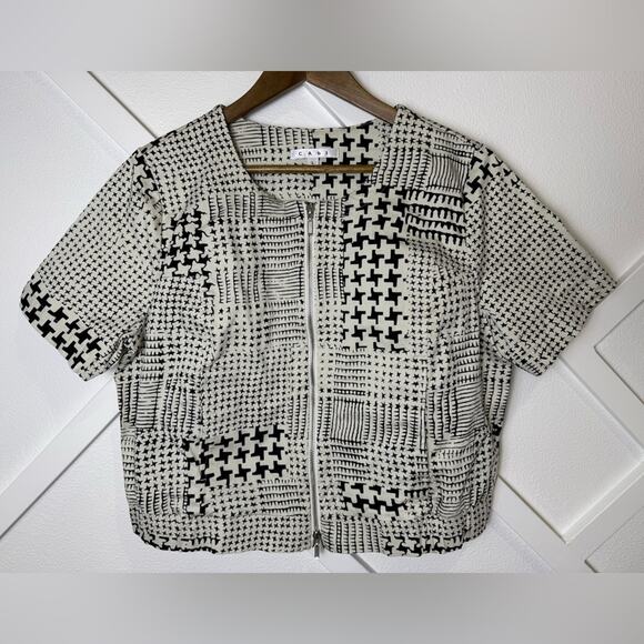 Cabi Coupe Bomber #931 Short Sleeve Black and Cream Abstract Zip Jacket Size L - Picture 2 of 14